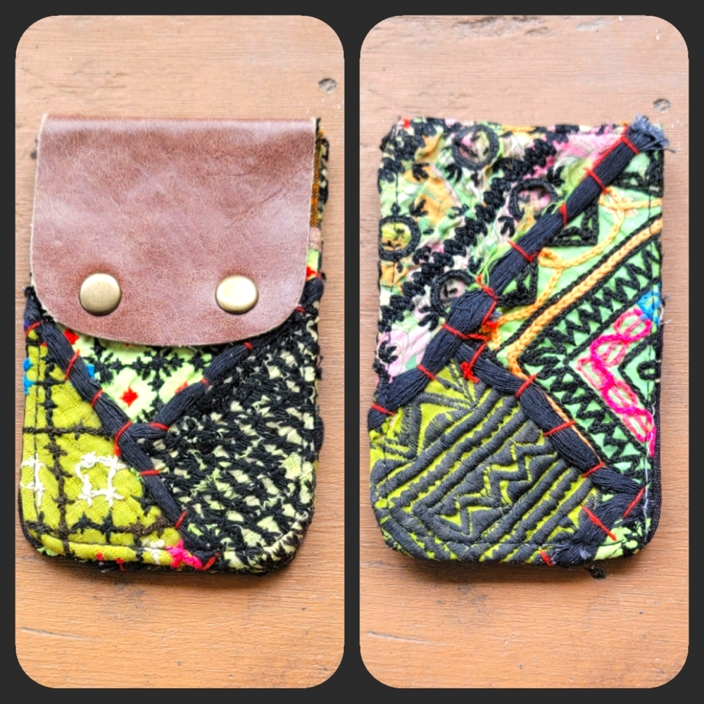 🧠🍳 Free People Boho Embroidered Repurposed vtg banjara hippie Wallet card case